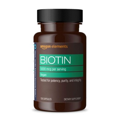 Amazon Elements Vegan Biotin 5000 mcg for Hair, Skin, 130 count (Pack of 1) 