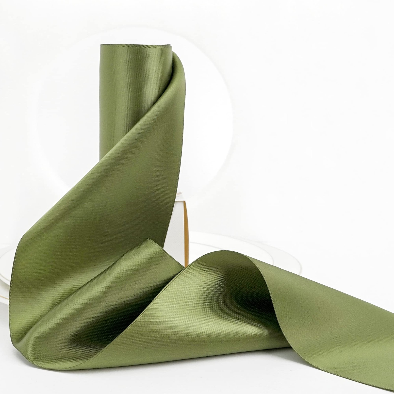 HUIHUANG Moss Green Satin Ribbon - 4 inch Wide, Double Face, Thick, 10 Yards/...