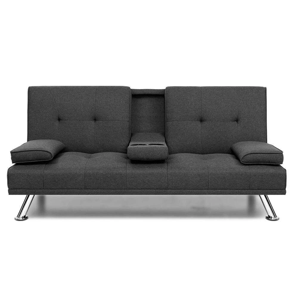 NNEDSZ Linen Fabric 3 Seater Sofa Bed Recliner Lounge Couch Cup Holder Futon Dar