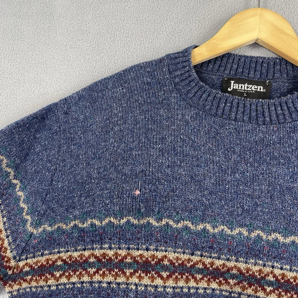 Vintage Jantzen Sweater Mens Large Blue Acrylic Wool Blend Holiday Made In USA - Image 3 of 4