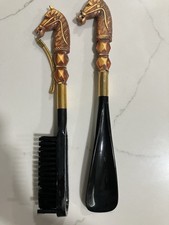 Vintage Equestrian Horse Head Reins Shoe Horn Brush Set Carved Plastic