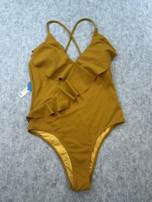 NWT Cupshe Golden Yellow Ribbed Ruffle One Piece Swimsuit Women s XL Boho Swim