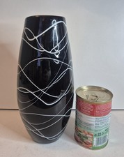 Handblown Black Glass Abstract Art Vase With White Thread Design Large 26cm Tall