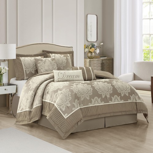 stratford Park Therese 7-Piece Damask Comforter Set Beige Brown King - Picture 2 of 12