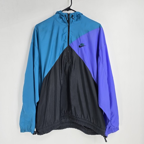 VTG 80s Nike Colorblock Windbreaker 1/4 Zip Black Teal Purple Unisex Adult XL