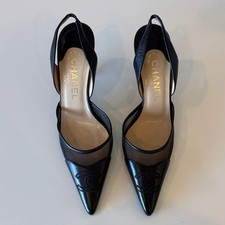 Chanel Black Slingback CC Logo Pointed Toe Pumps Heels Shoes Size EU 37.5C