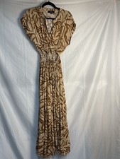 Aakaa Animal Print Cutout Midi Dress Womens Small Brown Tan Boho Short Sleeve