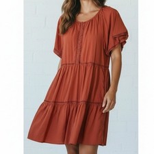 Beachlunchlounge Dress Women Large Orange Boho Chic Coastal Peasant Embroidered