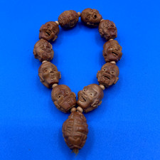BRACELET HEDIAO vtg hand carved olive/peach pits 9 faces 2 flowers beads Chinese