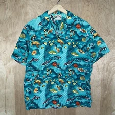 MEN’S PARADISE FOUND UNDERWATER FISH ANIMALS HAWAIIAN LOUNGE CAMP SHIRT LARGE