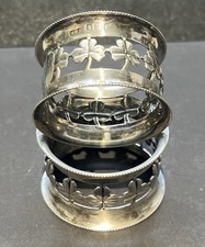 2x Sterling Silver 3 Leaf Clover Shamrock Napkin Rings Henry Clifford Davis 1903