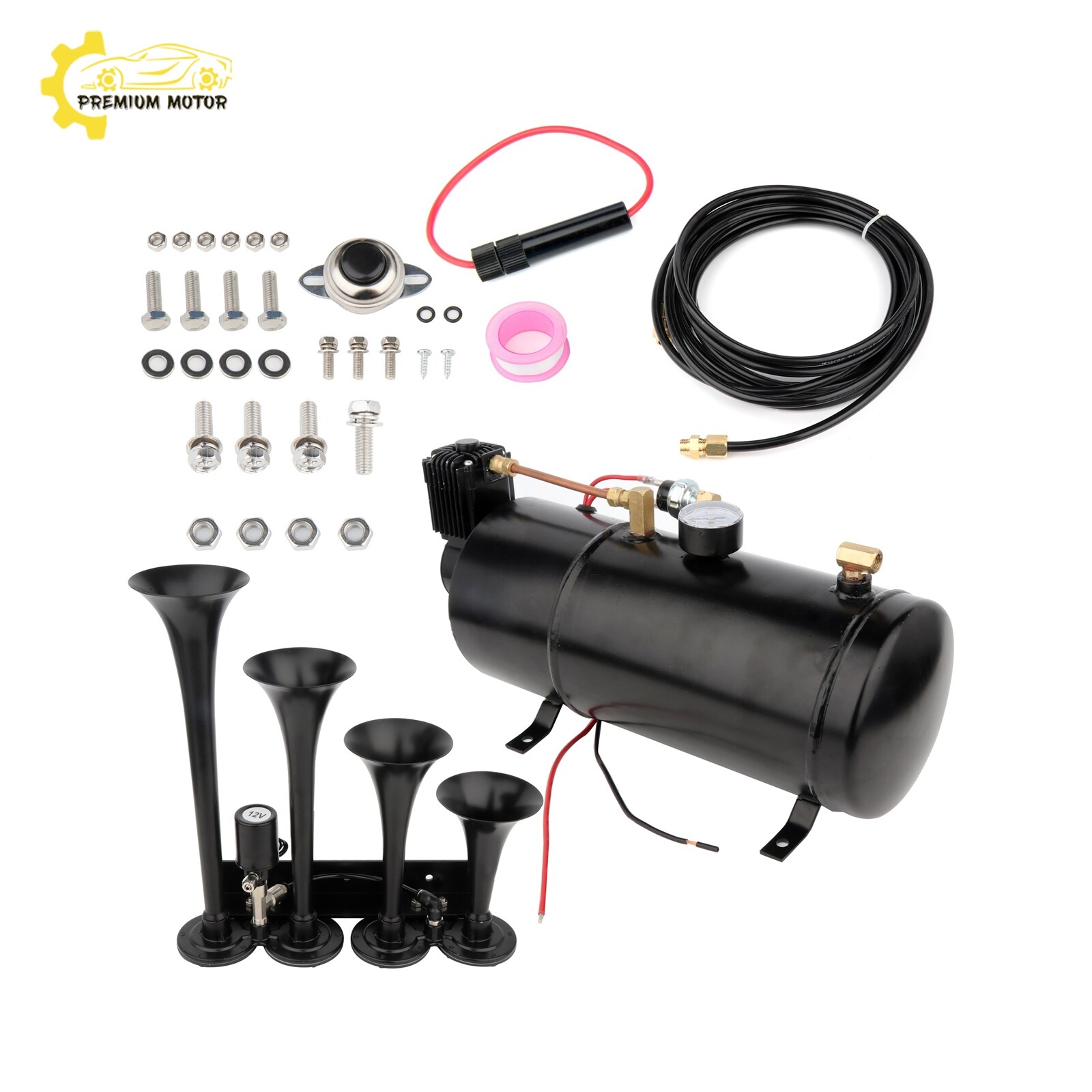 For Truck Pickup Full 4 Trumpet Train Air Horn System Kit 150PSI Air Compressor