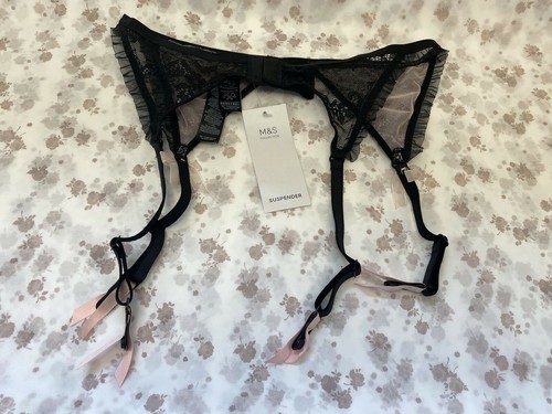 NUOVO! M&S Marks & Spencer UK10 cintura con bretelle in pizzo nero con fiocchi in organza rosa - Foto 8 di 10