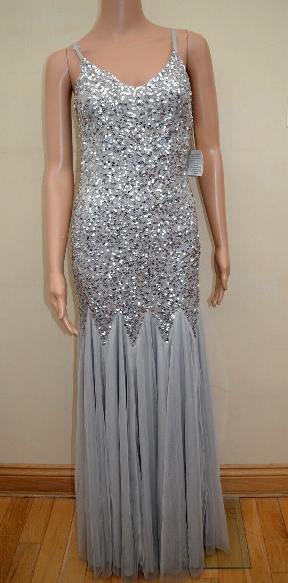 New MAYA DELUXE Grey Silver Sequin Fishtail Mesh Maxi Dress Sz UK