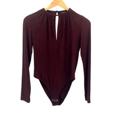 Topshop Womens Ribbed Keyhole Cutout Long Sleeve Bodysuit Burgundy Size 8
