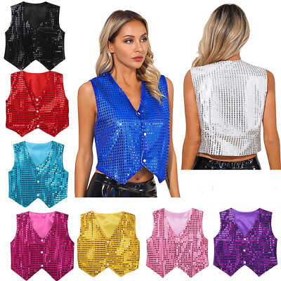 Damen Crop Top Pailletten Weste Festival Tops Front Open Kostüm Holiday Stage