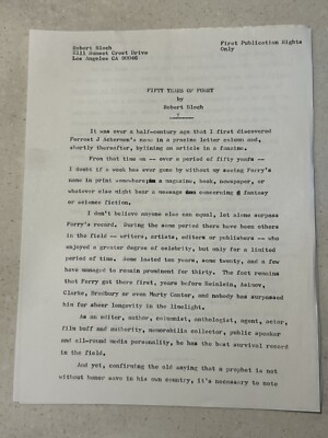 ''FIFTY YEARS OF FORRY'' by ROBERT BLOCH Typed Story ''Forrest Ackerman''