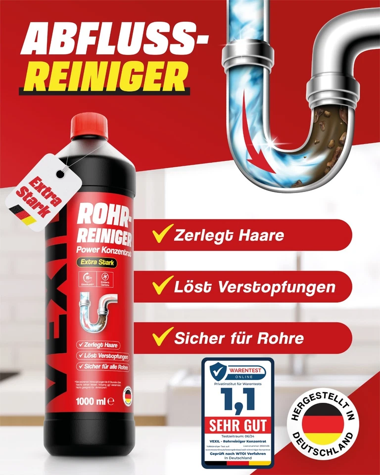 VEXIL Rohrreiniger - Profi Abflussreiniger EXTRA STARK für Extremfälle - 1L ... - Bild 2 von 4