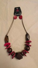 Pink And Brown Wood Bead Statement Necklace And Earrings