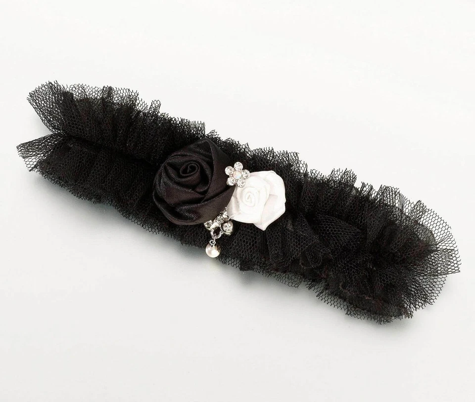 Liguero de tul y satén con joyas - marfil o negro - ligas de novia de boda Foto 3 de 3