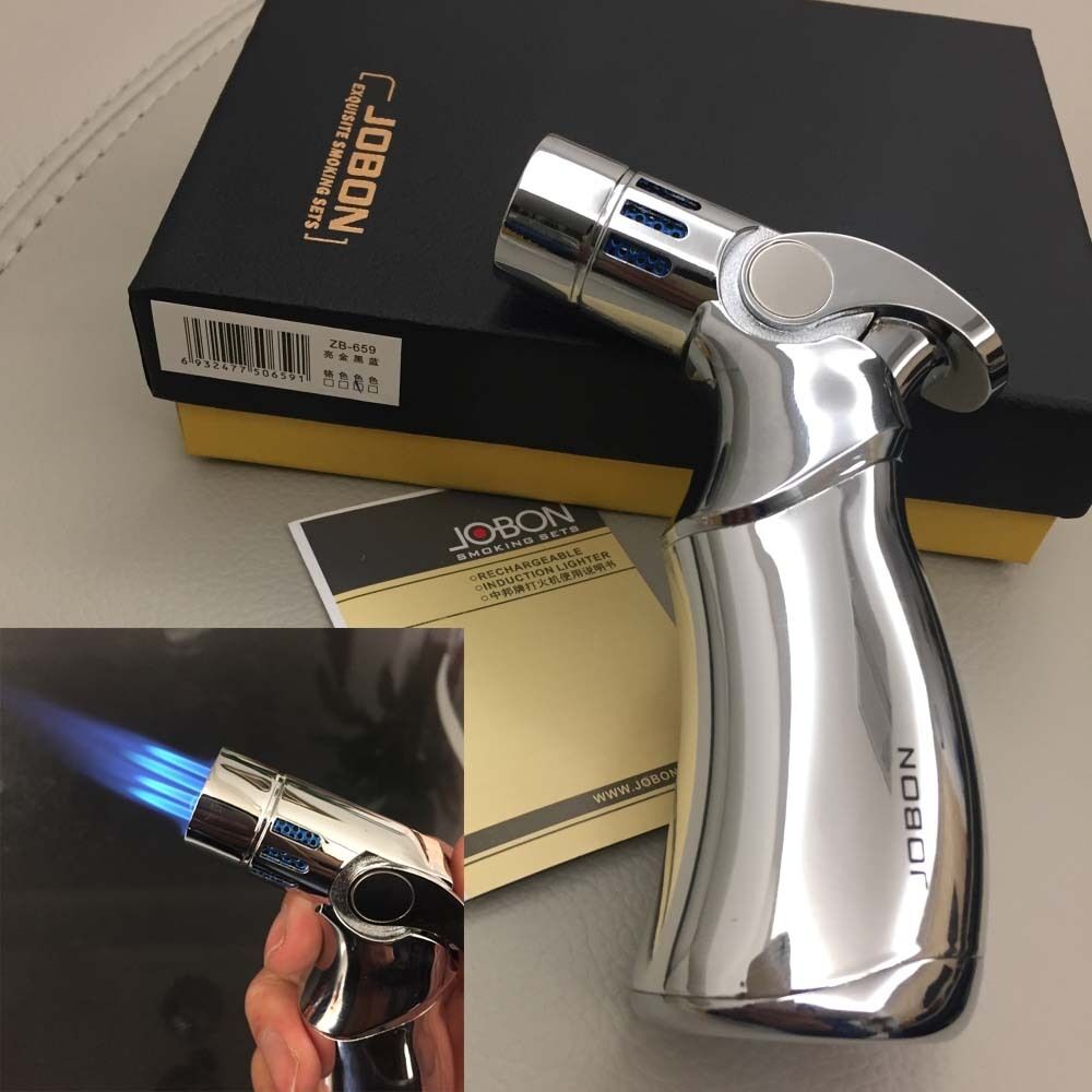 Windproof  Four Torch Jet Flame Refillable Cigarette Cigar Lighter w/ Box Silver