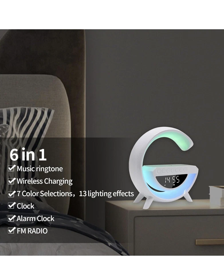 6 in 1 Wireless Charger Night Light App Control Bluetooth Speaker Alarm Clock - Image 2 of 4