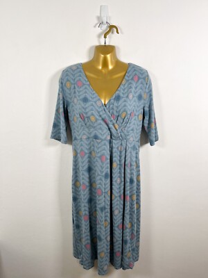 Seasalt Dress 14 Blue Kickwheel Jersey Faux Wrap Casual Strech Holiday Arty