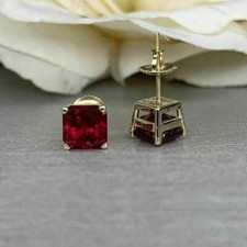 3Ct Princess Lab Created Ruby Screw Back Stud Earrings 14K Yellow Gold Plated