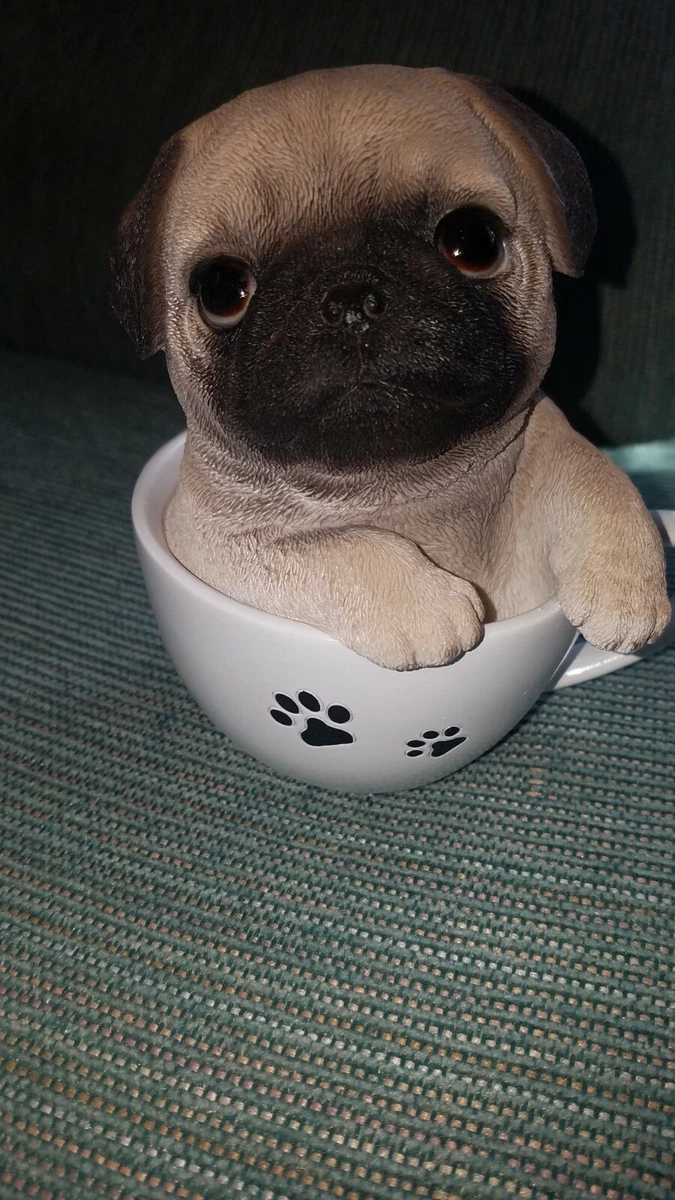 Cute Pug Puppy Dog in a Tea Cup Figurine Puggy Lover Gift Decor