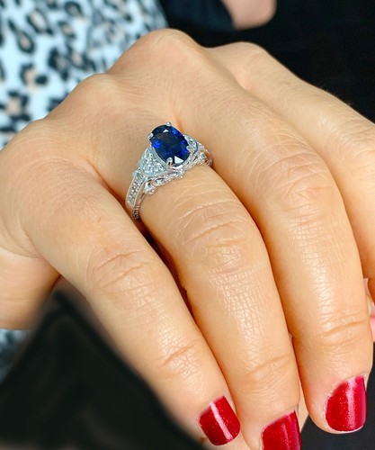 14K WHITE GOLD SAPPHIRE AND ROUND CUT DIAMOND HALO BRIDAL DECO DESIGN RING 2.40 - Picture 3 of 11