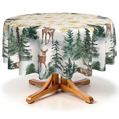 Round Christmas Tablecloth 60 Inch Watercolor Xmas Tree Gold Snowflakes Print