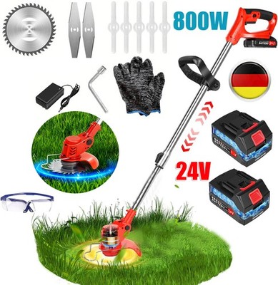 800W Akku Rasentrimmer Elektro Freischneider Motorsense mit 2 Akkus & Ladegerät
