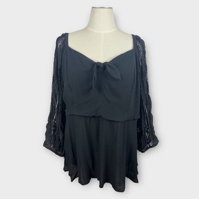 Torrid 4X NWT Black Peplum Blouse Sweetheart Neck Crochet Sleeve