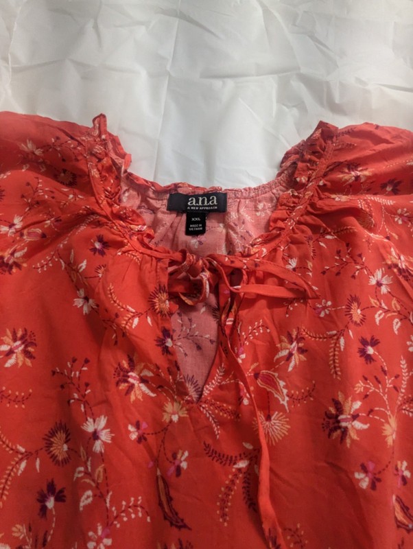 a.n.a XXL Orange Floral V-Neck Ruffle Tie 3/4 Sleeve Cotton Woven Blouse