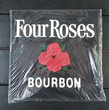 Four Roses Bourbon Whiskey Well Bar Black Mat White & Red Rose Design 14" x 14"