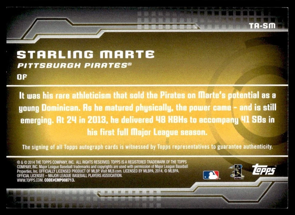 2014 Topps Autographs Starling Marte Auto Pittsburgh Pirates #TA-SM - Image 2 of 2