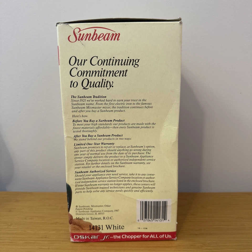 SUNBEAM OSKAR Jr PLUS ELECTRIC FOOD CHOPPER 1987 MODEL 14131 NEW IN BOX - Image 4 of 4