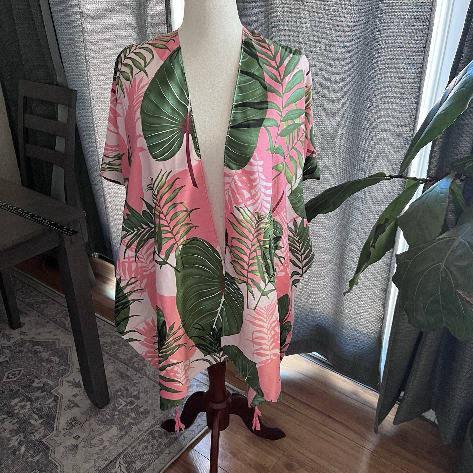 Womens Pink Green Tropical Leaf Tassel Kimono Swim Cover Up One Size