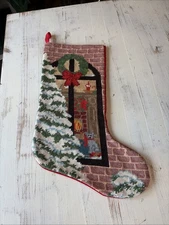 Vintage Christmas Stocking Needlepoint wool yarn 17 In long  cat in window