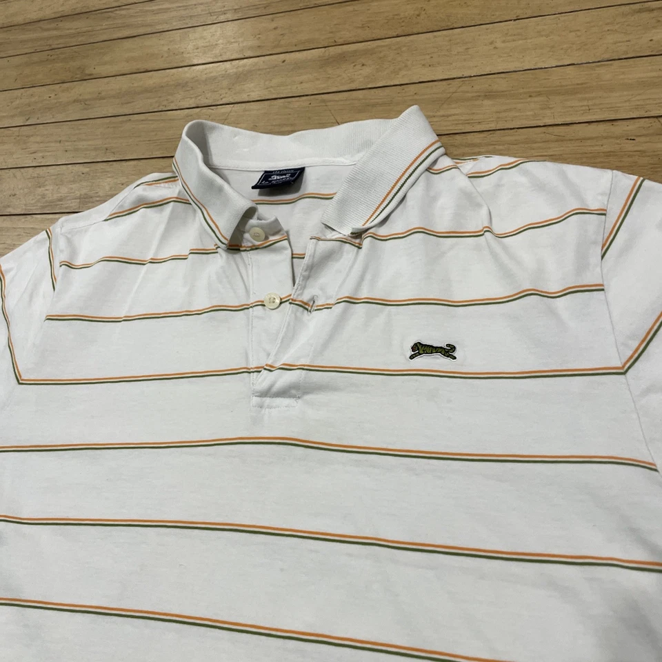 Camisa polo masculina vintage Le Tigre L branca verde amarela listrada logotipo tigre rara - Imagem 3 de 4
