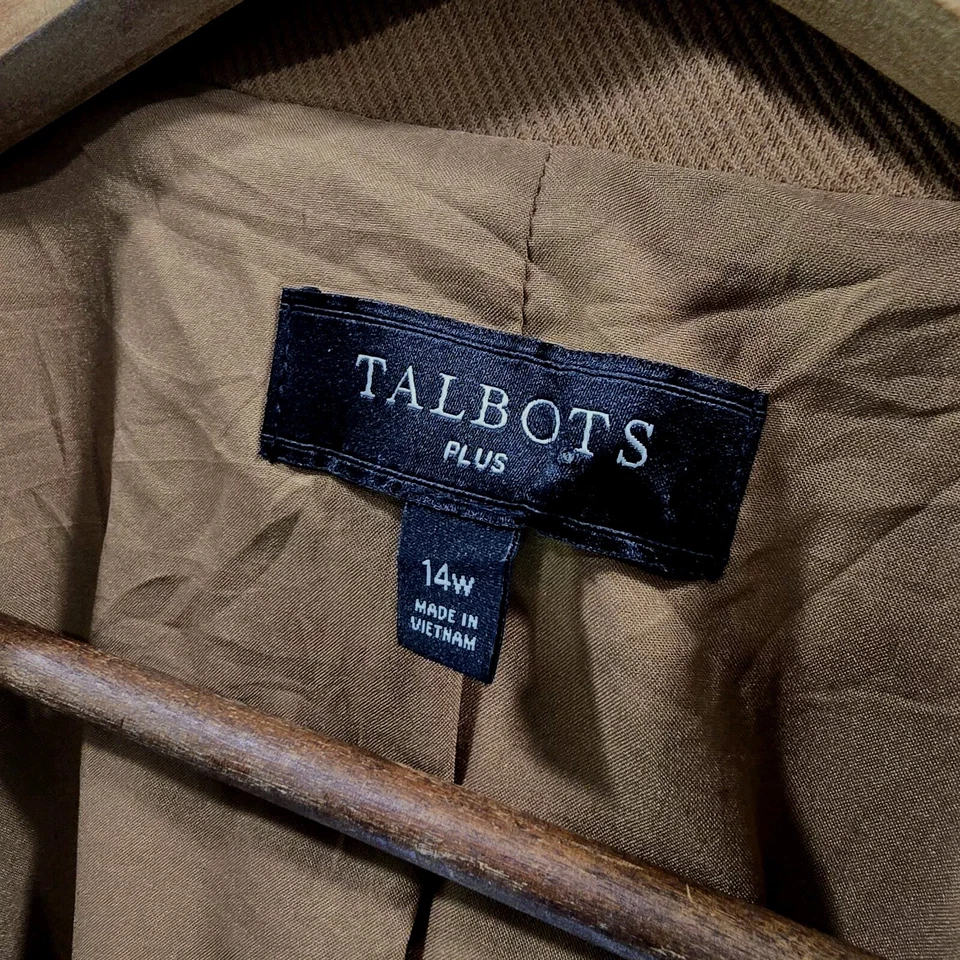 Talbots Jacket Womens 14W 1X Brown  Blazer Mock Safari Twill Knit Band Collar - Image 3 of 4