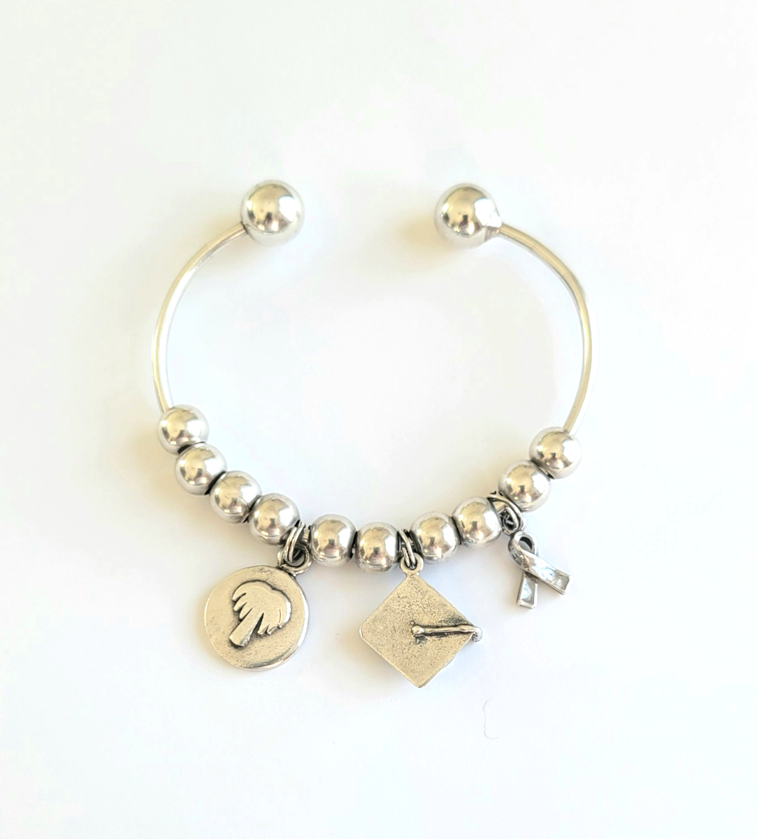 Sterling Silver 925 Open Bangle Ball/ Bead Cuff Charm Bracelet