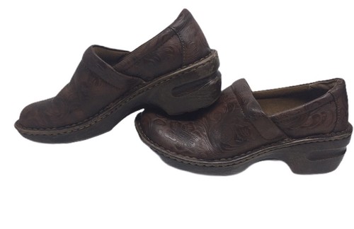 BOC Women's Sz 7.5M Brown Embossed Floral Leather Clogs Comfort Born Concept - 第 6/9 張圖片