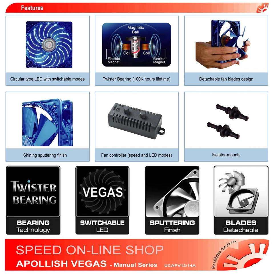ENERMAX UCAPV14A-BL 14cm Blue LEDs Twister Bearing Apollish Vegas PC Cooling Fan - Image 2 of 4