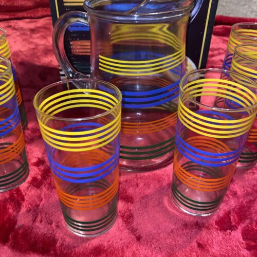 Glass Pitcher & Glasses w/Box 70’s Ice Tea Lemonade 7 Piece Set In Box U.S.A. - Picture 3 of 9