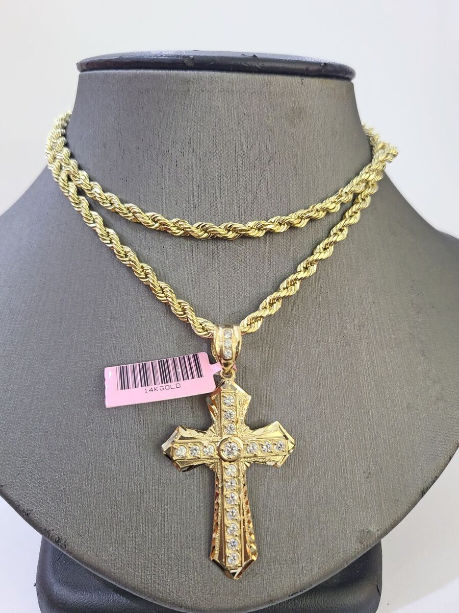 14k Yellow Gold Rope Chain Cross Pendant Charm SET 4mm 22