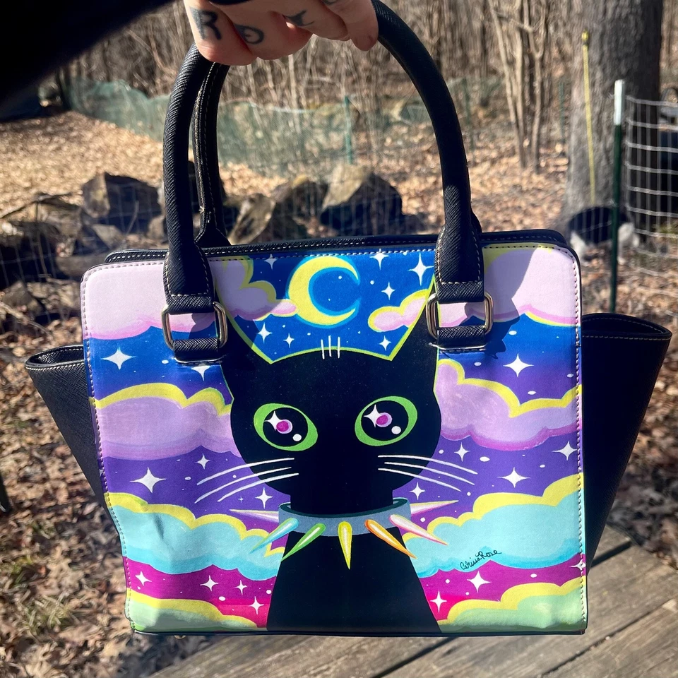 Large Studded Shoulder Purse | Nocturnal | Black Cat With Spiked Punk Collar - Image 2 of 4