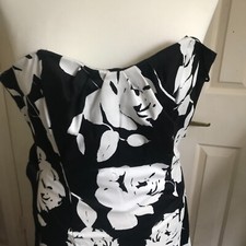 WALLIS Black & White Rose Strapless Cocktail Dress Size 12 UK Soft Boned Bodice