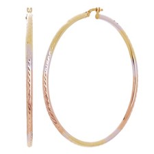 14k Tri Color Gold Diamond Cut Hollow Round Hoop Earrings 2.3" 2.5mm 3.6 grams