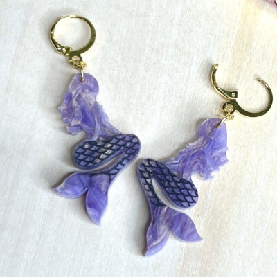 Pearlescent Glitter Mermaid Earrings Purple And Gold Lightweight  Handmade